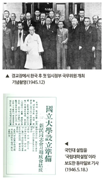 1. 경교장에서 환국 후 첫 임시정부 국무위원 개최 기념촬용(1945.12), 2. 국민대 설립을 국립대학설립이라 보도한 동아일보 기사(1946.5.18)