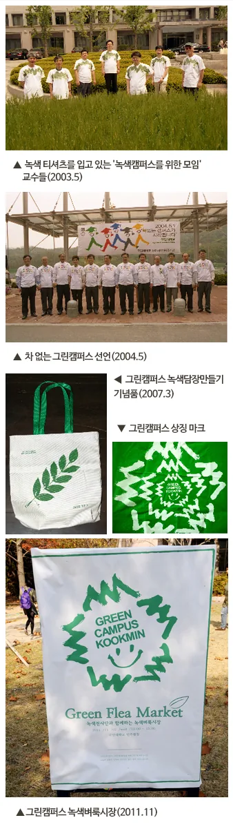 3. 녹색 티셔츠를 입고 있는'녹색캠퍼스를 위한 모임' 교수들(2003.5), 4. 차 없는 그린캠퍼스 선언(2004.5), 5. 그린캠퍼스 녹색담장만들기 기념품(2007.3), 6. 그린캠퍼스 상징 마크, 7. 그린캠퍼스 녹색벼룩시장(2011.11)